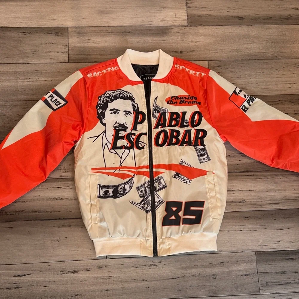 Reason Red and Cream 'Pablo Escobar' Racing Bomber Jacket - Picture 2 of 11